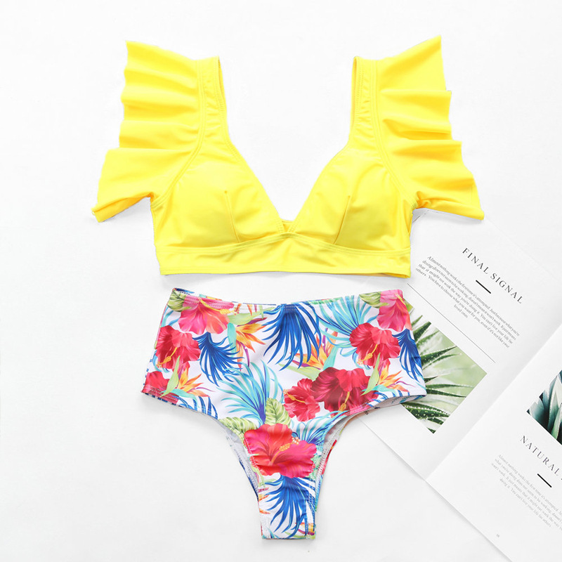 F4809-1 Yellow Summer Days Floral High-Waist Swimsuit Set